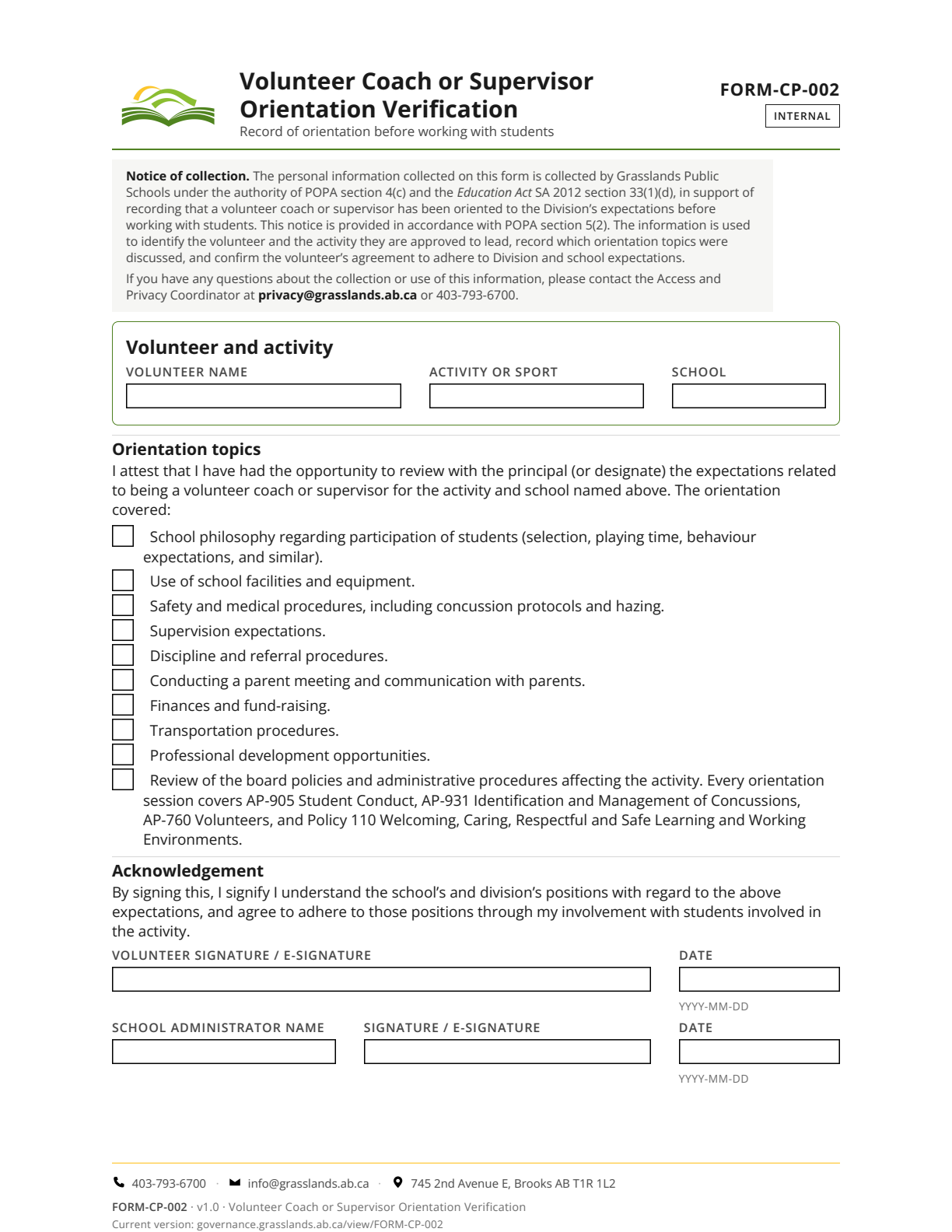Volunteer Coach or Supervisor Orientation Verification — page 1 of 1
