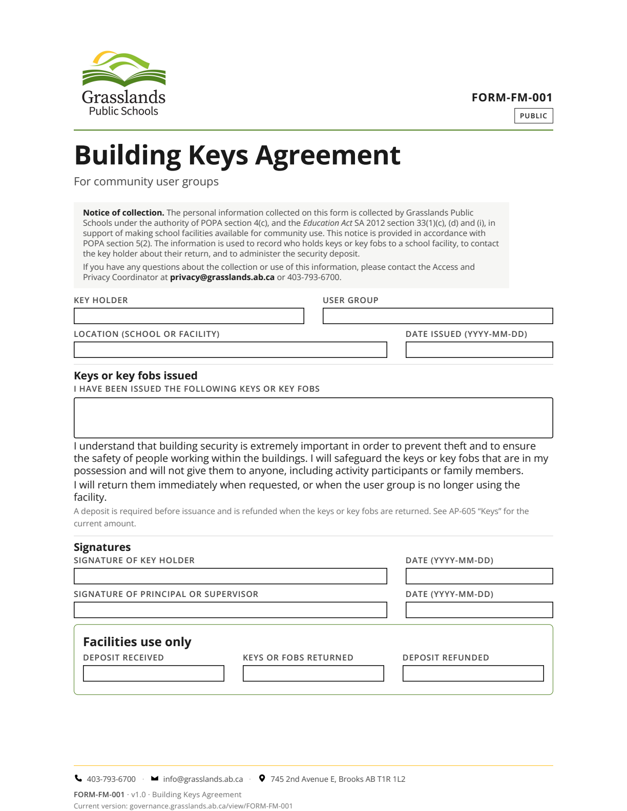 Building Keys Agreement — page 1 of 1