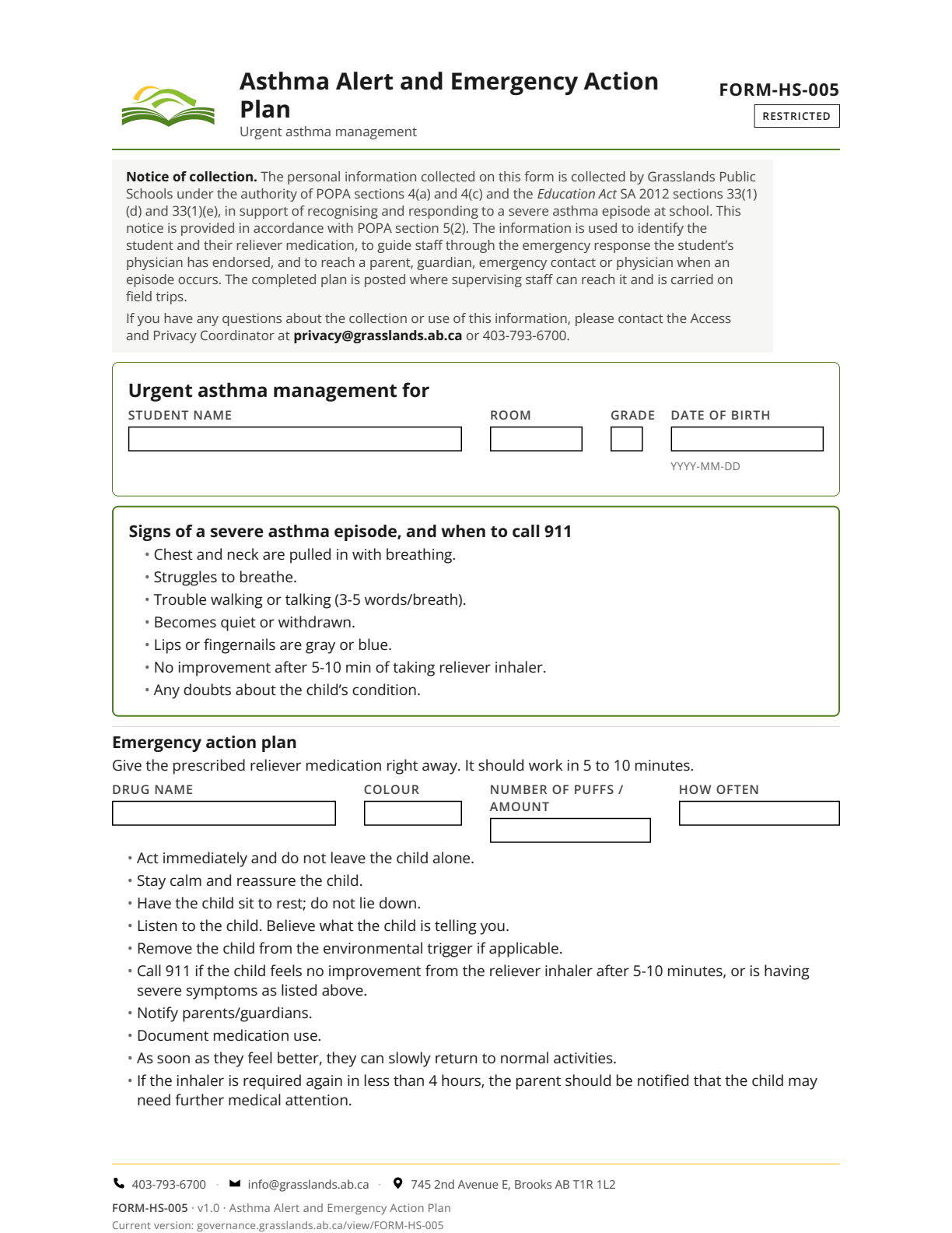 Asthma Alert and Emergency Action Plan — page 1 of 2