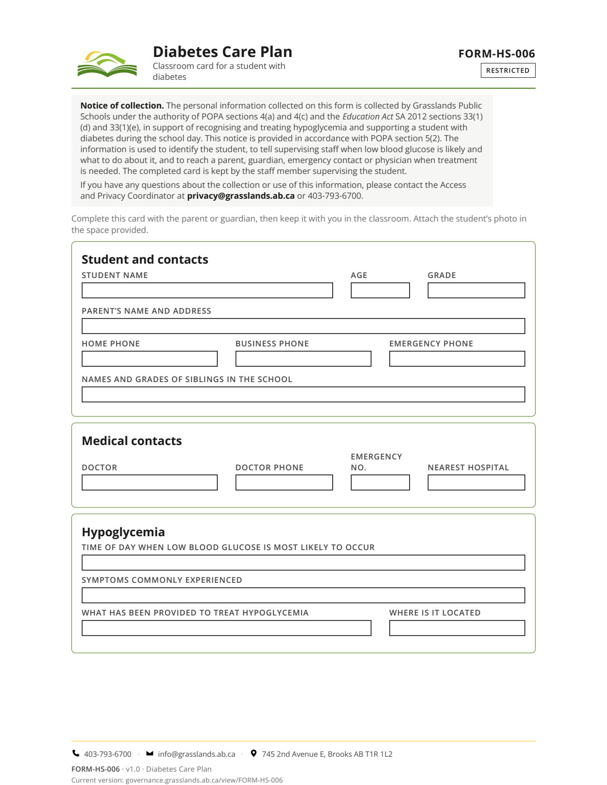 Diabetes Care Plan — page 1 of 2
