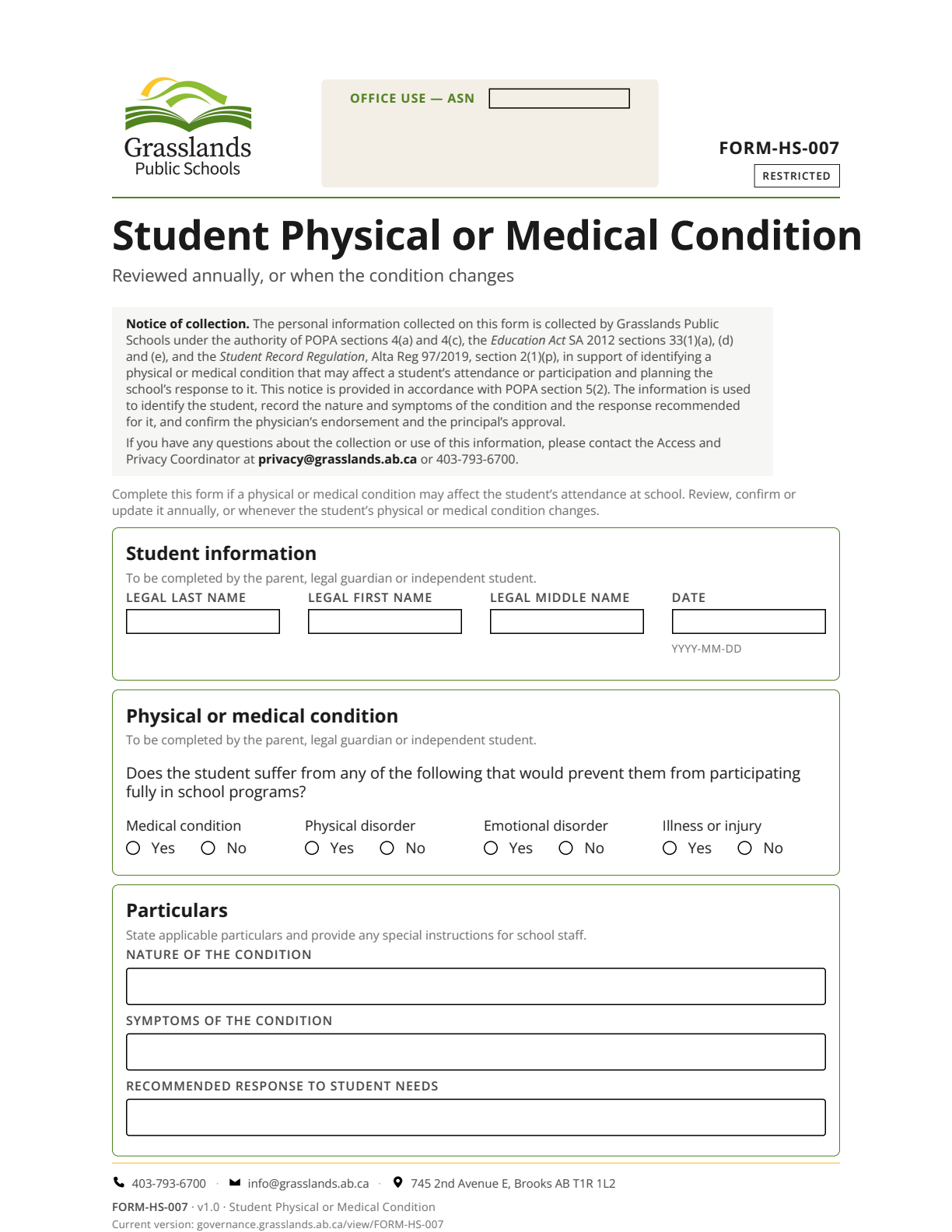 Student Physical or Medical Condition — page 1 of 2