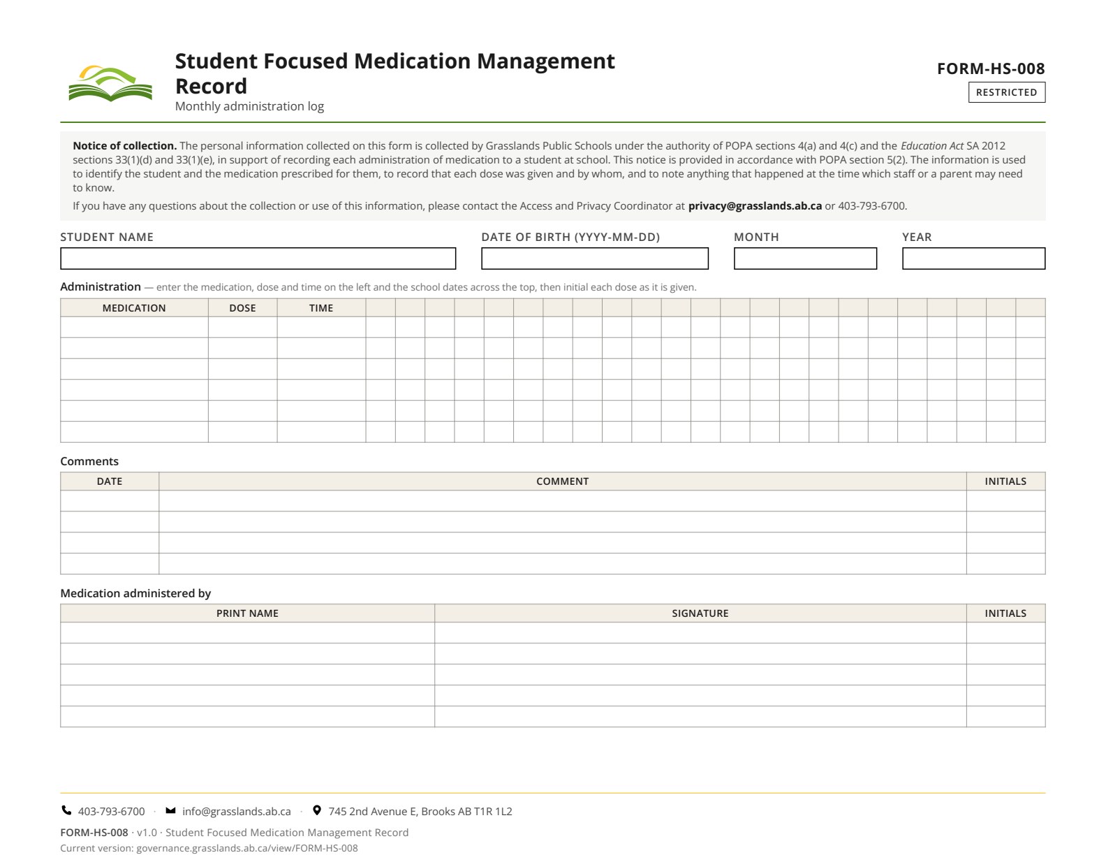 Student Focused Medication Management Record — page 1 of 1
